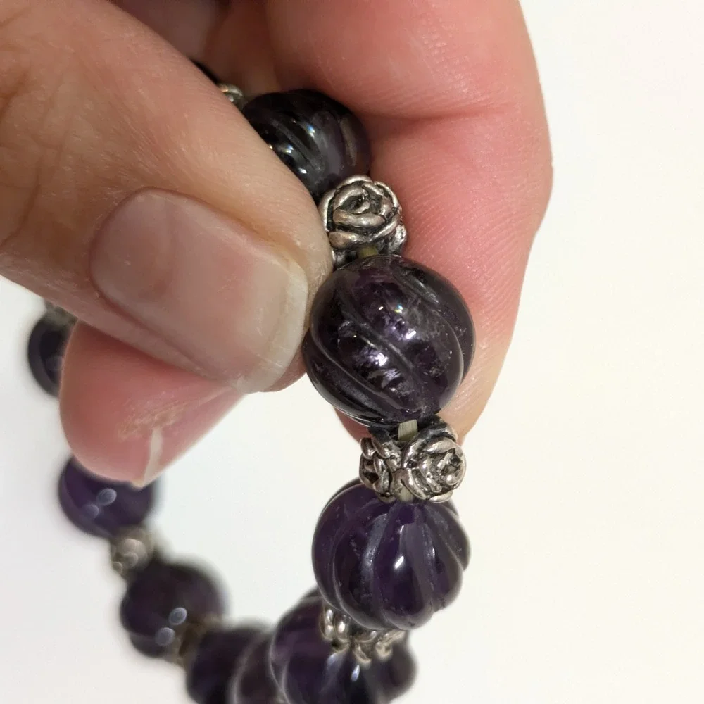 Carved Purple Melon Bead Stretch Bracelet Silver Tone Rose Floral Gemstone Boho